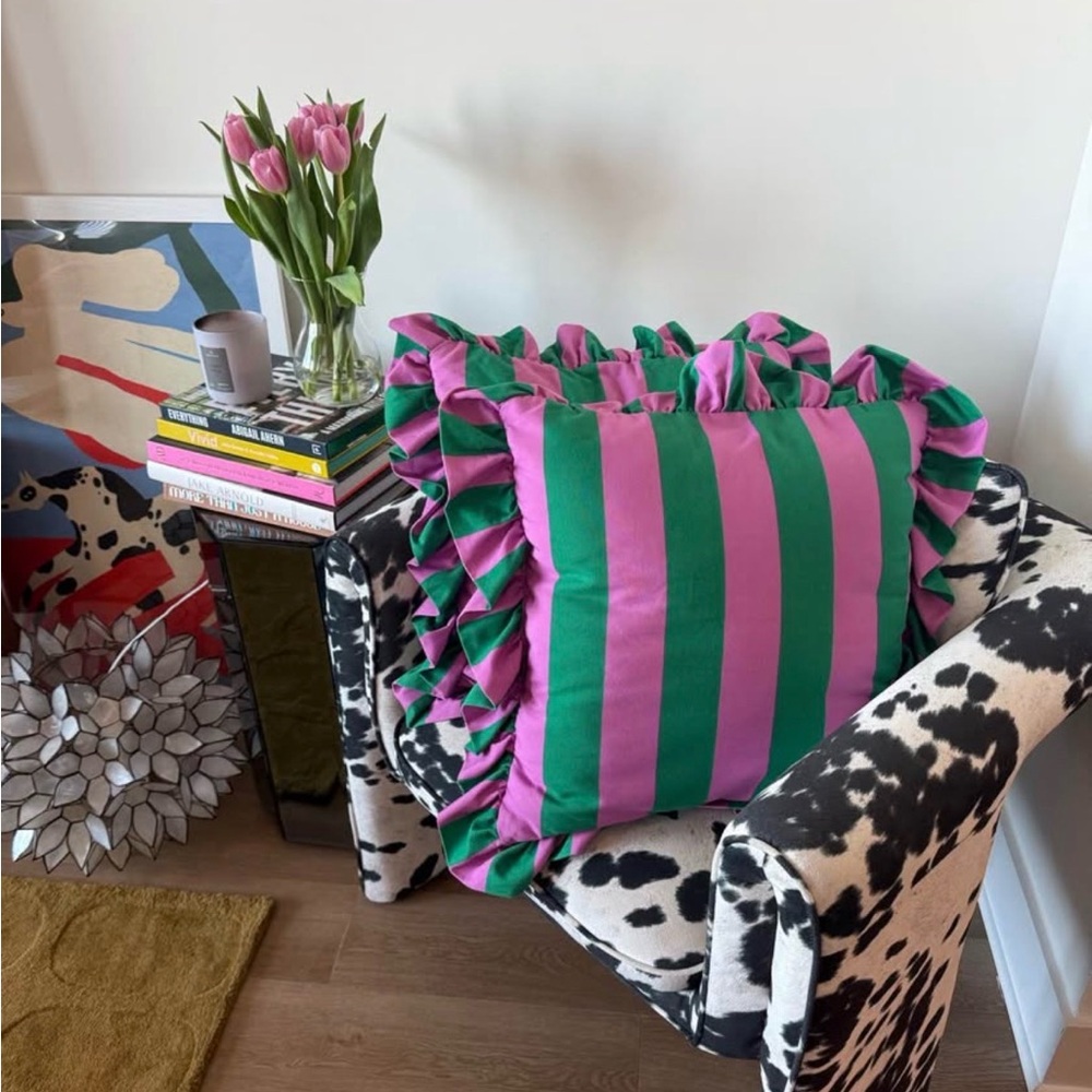 Anthropologie Green & Purple Striped Ruffled Throw Pillows (2)